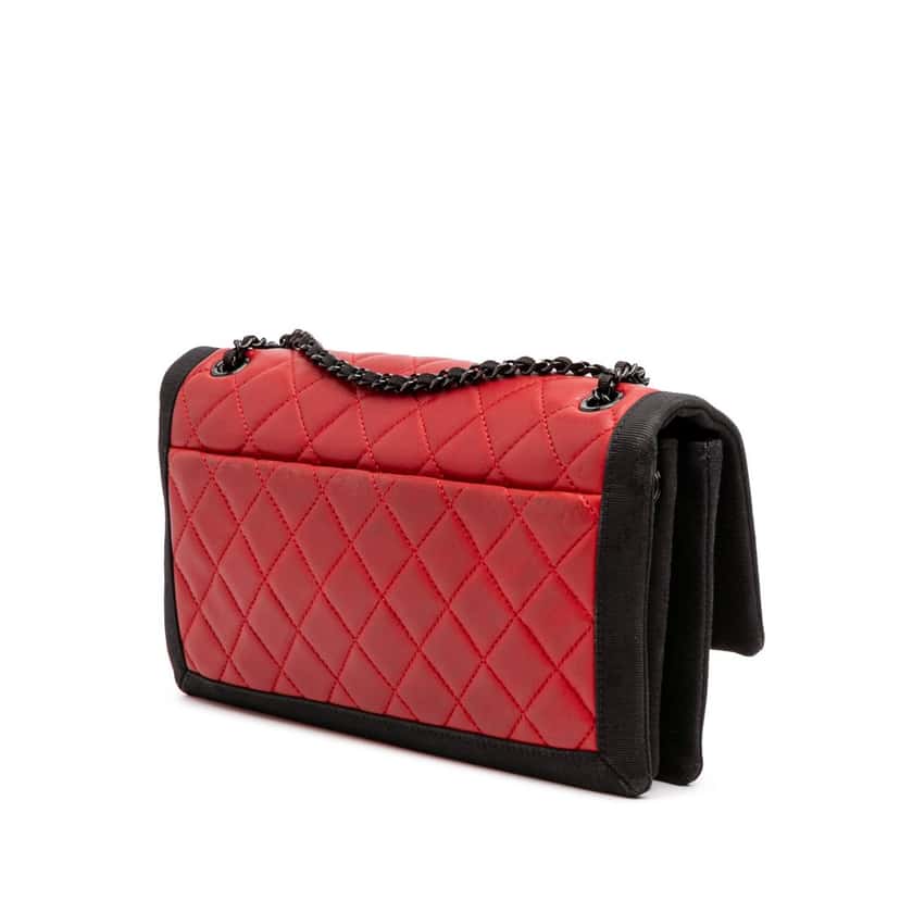 Chanel Medium Quilted Lambskin Grosgrain Two Tone Flap Red Leather Good condition - Back View