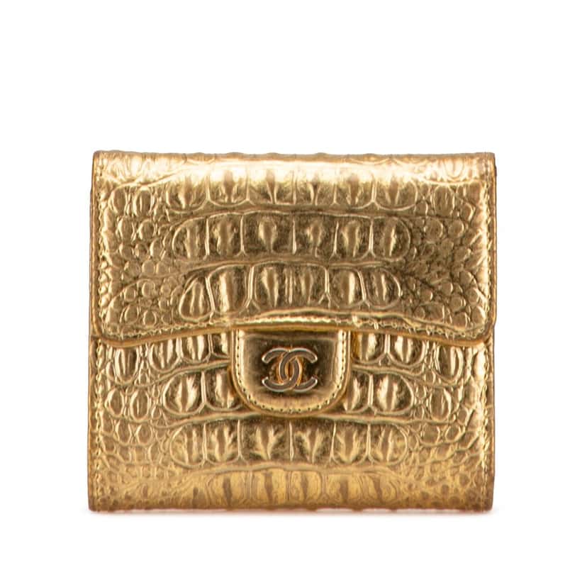 Chanel CC Metallic Calfskin Crocodile Embossed Compact Flap Wallet Gold Leather Good condition - Front View