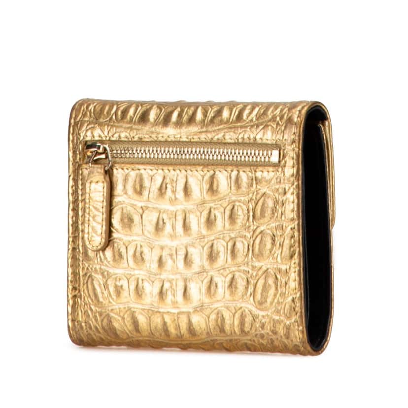 Chanel CC Metallic Calfskin Crocodile Embossed Compact Flap Wallet Gold Leather Good condition - Back View