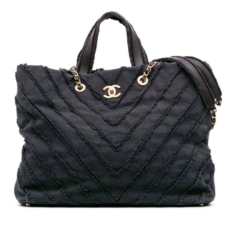 Chanel Chevron Canvas Cuba Patchwork Shopper Tote Blue Canvas Good condition - Front View
