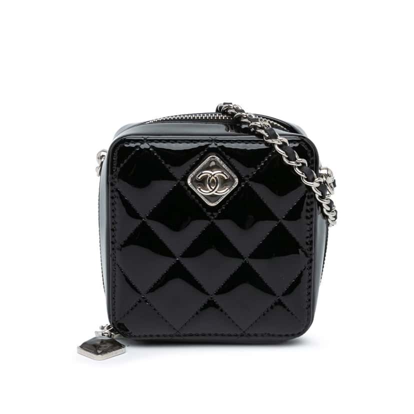 Chanel CC Quilted Patent Diamond Resin Clutch With Chain Black Leather Good condition - Front View