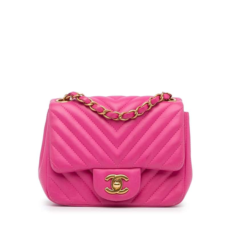 Chanel Mini Square Classic Chevron Lambskin Single Flap Pink Leather Good condition - Front View