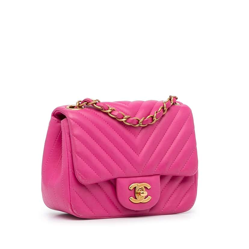 Chanel Mini Square Classic Chevron Lambskin Single Flap Pink Leather Good condition - Back View