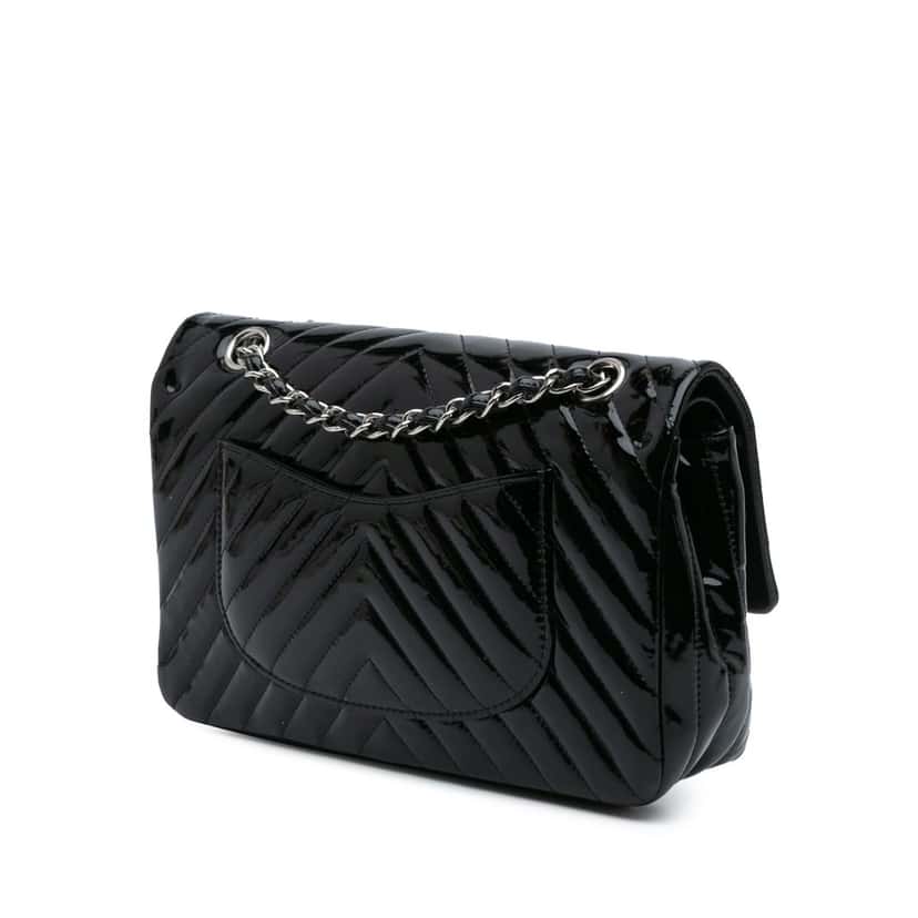 Chanel Medium Classic Chevron Patent Double Flap Black Leather Good condition - Back View
