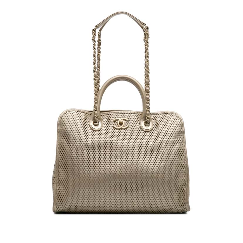 Chanel Perforated Metallic Calfskin Up In The Air Tote Gold Leather Fair condition - Front View