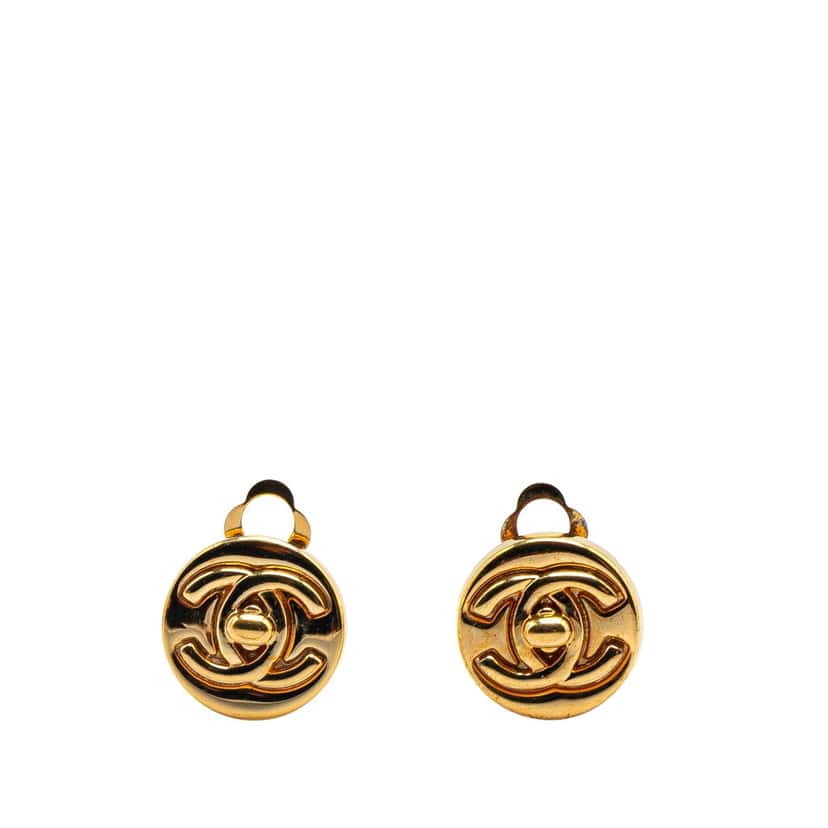 Chanel Gold Plated CC Round Clip On Earrings Gold Metal Good condition - Front View