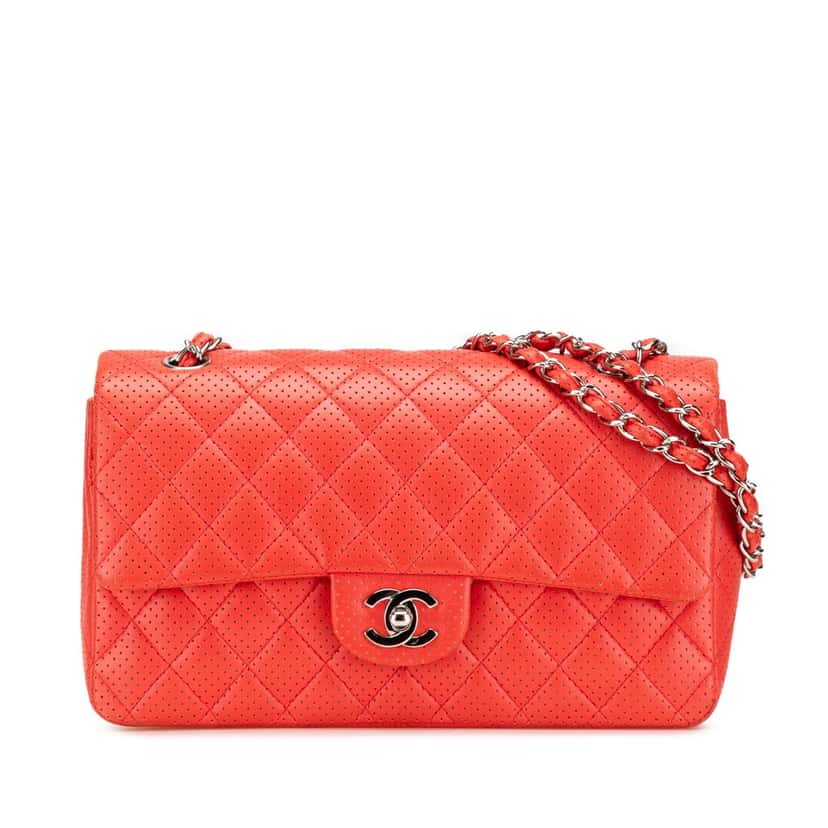 Chanel Medium Classic Perforated Lambskin Single Flap Red Leather Good condition - Front View