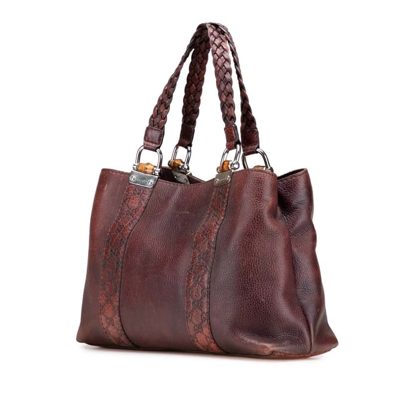 Gucci Guccissima Trimmed Leather Bamboo Libeccio Tote Brown Leather Good condition - Back View