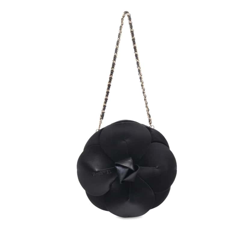 Chanel Lambskin and Satin Camellia Flower Evening Bag Black Leather Good condition - Front View