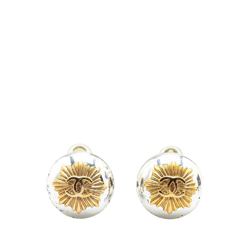 Chanel Gold Plated Silver CC Round Clip on Earrings Gold Metal Good condition - Front View