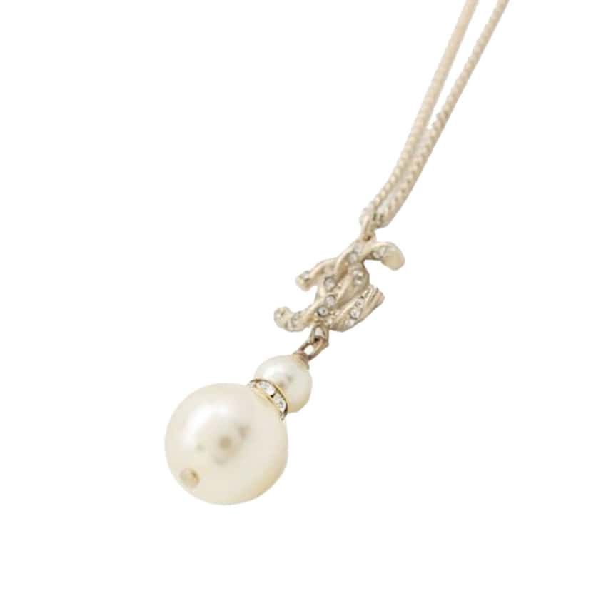 Chanel CC Gold Plated Faux Pearl Rhinestones Pendant Necklace Gold Metal Good condition - Back View