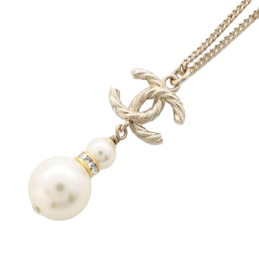 Chanel CC Gold Plated Faux Pearl Rhinestones Pendant Necklace Gold Metal Good condition - Inside View