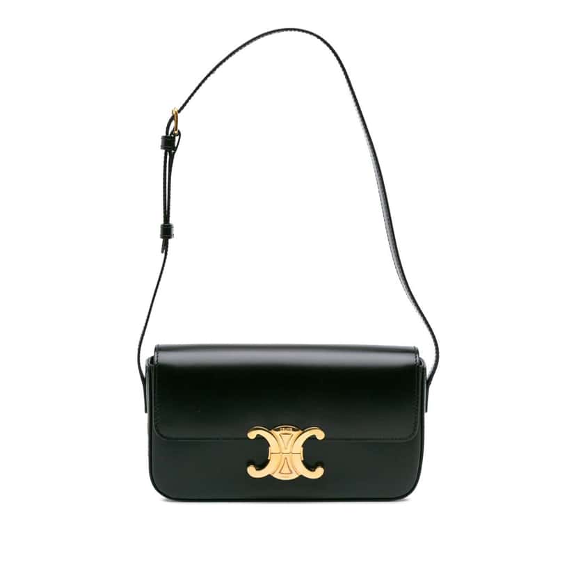 Celine Shiny Calfskin Claude Shoulder Bag Black Leather Good condition - Front View