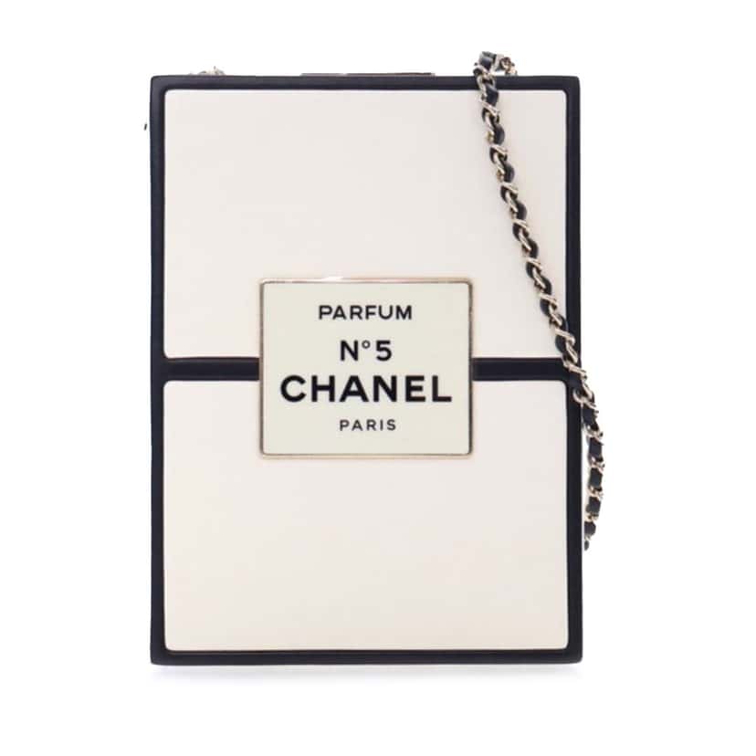 Chanel Calfskin Chanel No.5 Perfume Box Evening Clutch White Leather Good condition - Front View