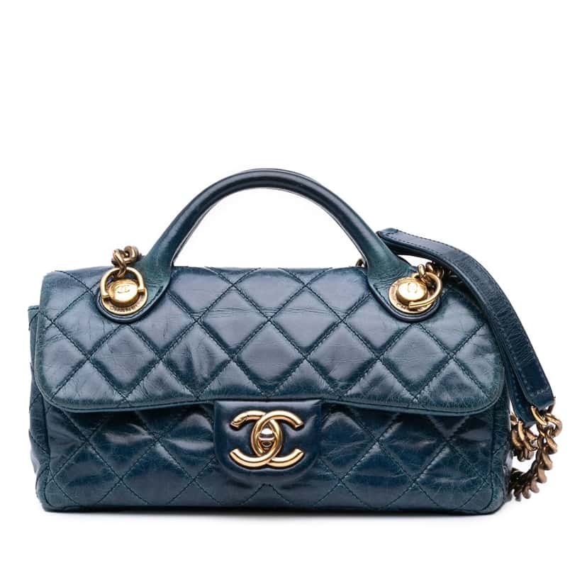 Chanel Small Glazed Calfskin Castle Rock Top Handle Flap Blue Leather Good condition - Front View