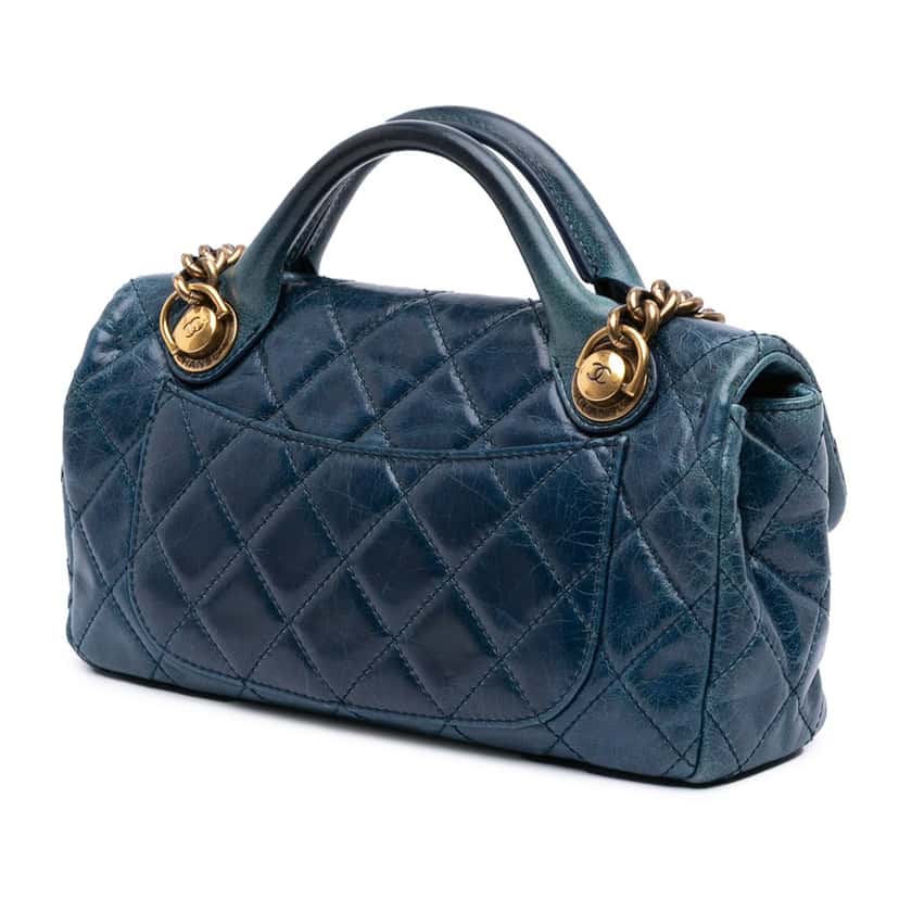 Chanel Small Glazed Calfskin Castle Rock Top Handle Flap Blue Leather Good condition - Back View