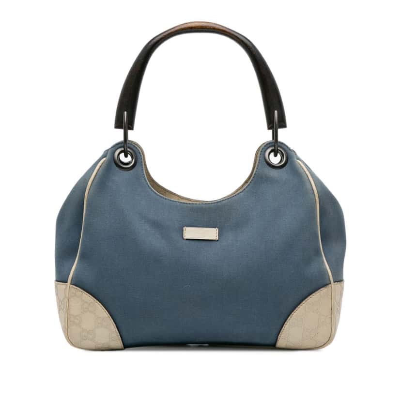Gucci Canvas and Guccissima Bamboo Shoulder Bag Blue Canvas Good condition - Front View