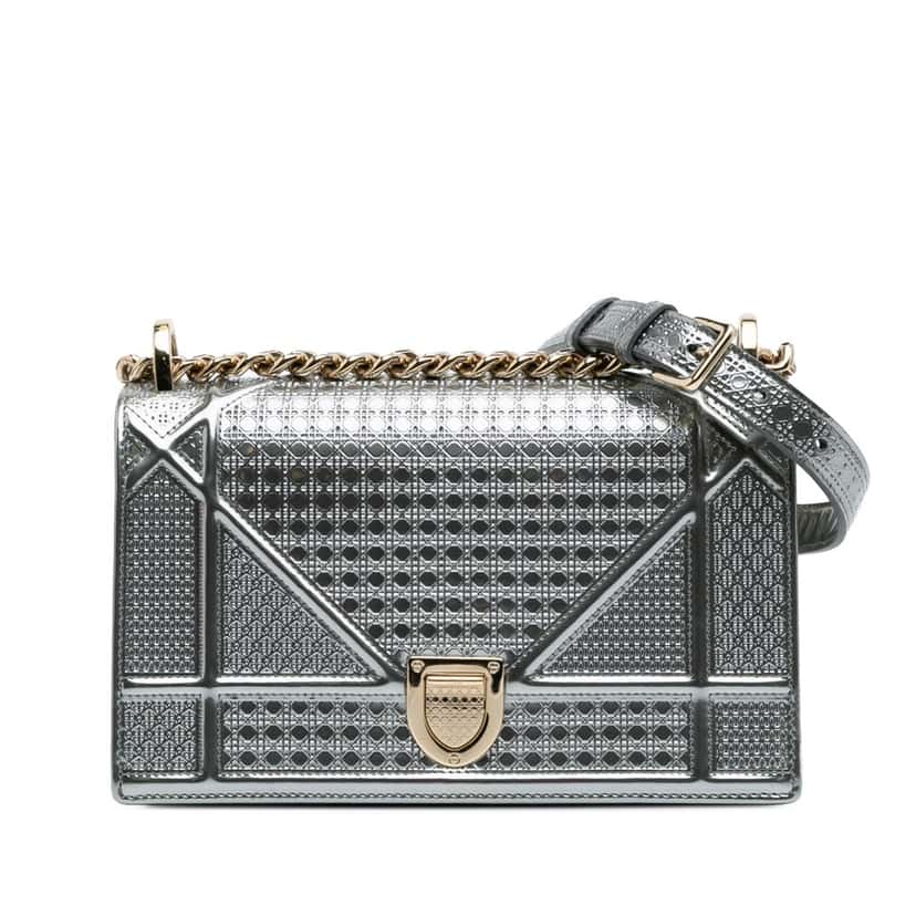 Dior Small Metallic Patent Microcannage Diorama Flap Silver Leather Good condition - Front View