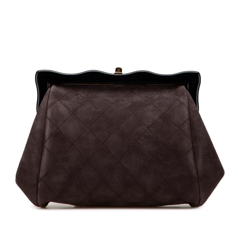 Chanel CC Quilted Suede Kiss Lock Clutch Brown Leather Good condition - Front View