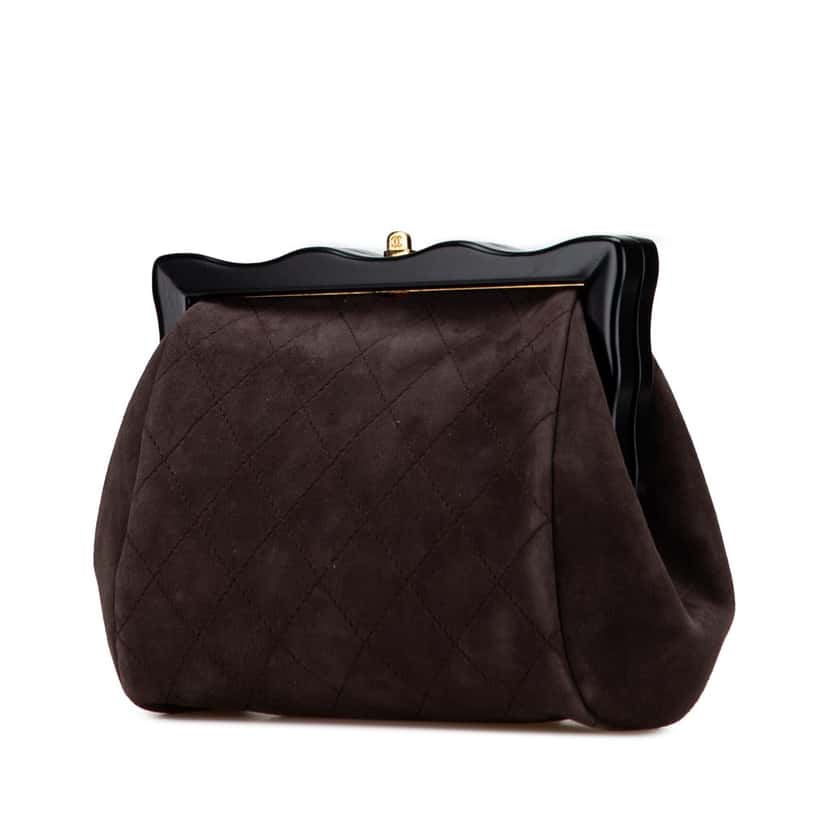 Chanel CC Quilted Suede Kiss Lock Clutch Brown Leather Good condition - Back View