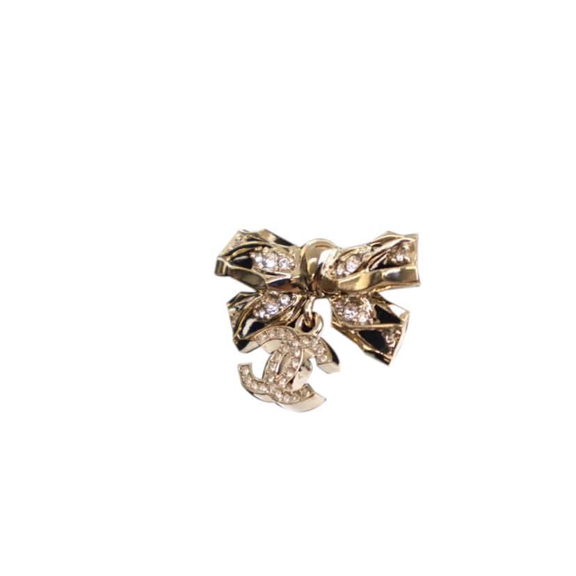 Chanel Gold Plated Crystal CC Bow Brooch Gold Metal Good condition - Back View