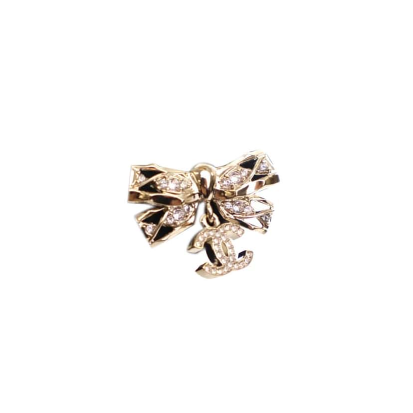 Chanel Gold Plated Crystal CC Bow Brooch Gold Metal Good condition - Inside View