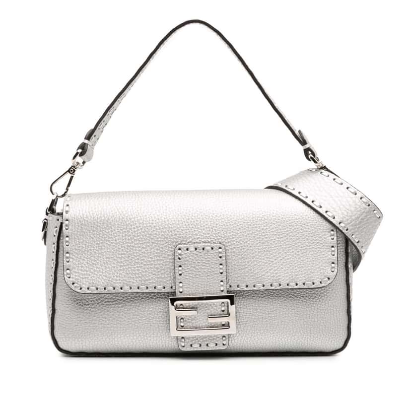Fendi Leather Selleria Baguette Satchel Silver Leather Good condition - Front View