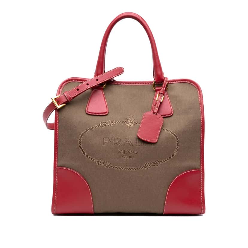 Prada Saffiano Trimmed Canvas Canapa Logo Satchel Brown Canvas Good condition - Front View