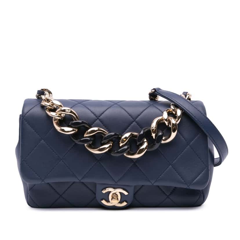 Chanel Small Lambskin Elegant Chain Single Flap Blue Leather Good condition - Front View