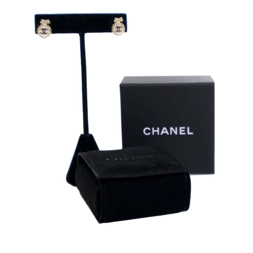 Chanel Gold Plated CC Bow Push Back Earrings Gold Metal Good condition - Box View
