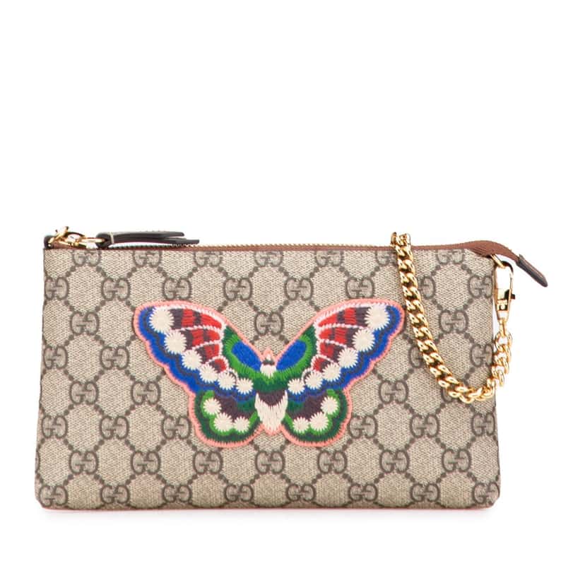 Gucci GG Supreme Embroidered Butterfly Chain Pochette Brown Canvas Good condition - Front View