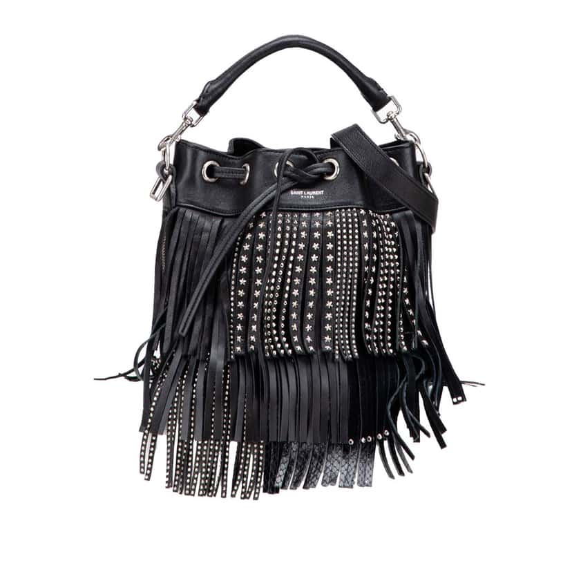 Saint Laurent Small Studded Calfskin Emmanuelle Fringe Bucket Bag Black Leather Good condition - Front View