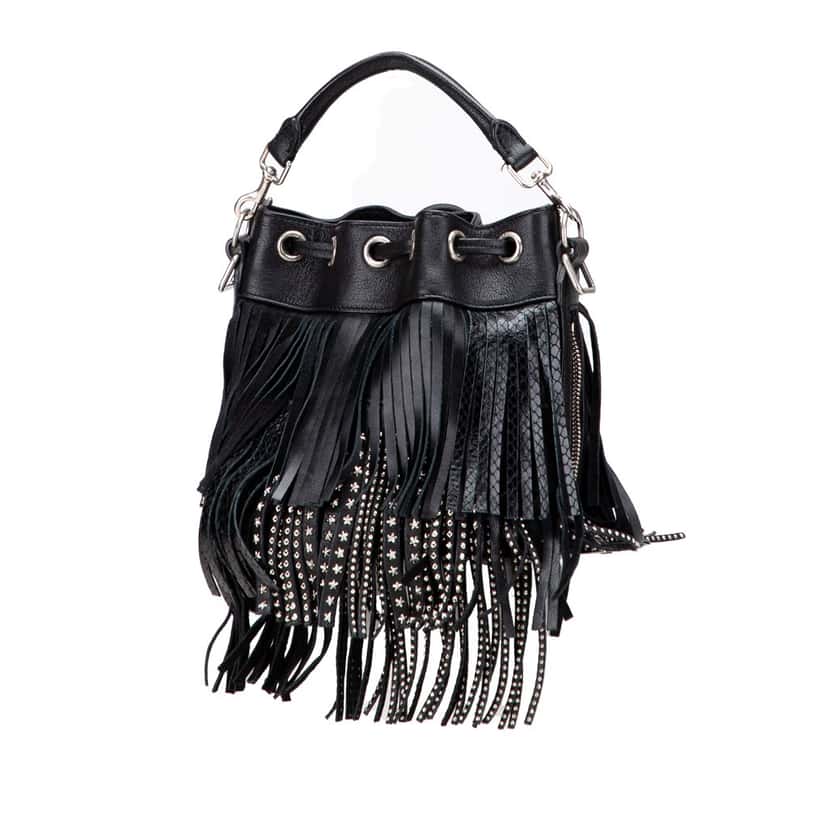 Saint Laurent Small Studded Calfskin Emmanuelle Fringe Bucket Bag Black Leather Good condition - Back View