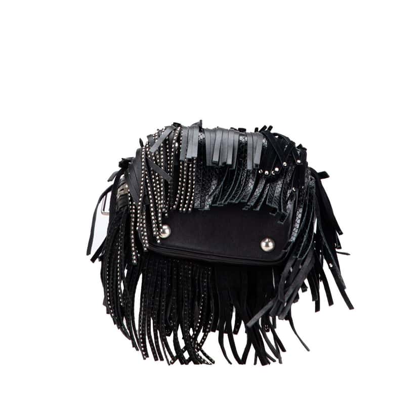 Saint Laurent Small Studded Calfskin Emmanuelle Fringe Bucket Bag Black Leather Good condition - Inside View