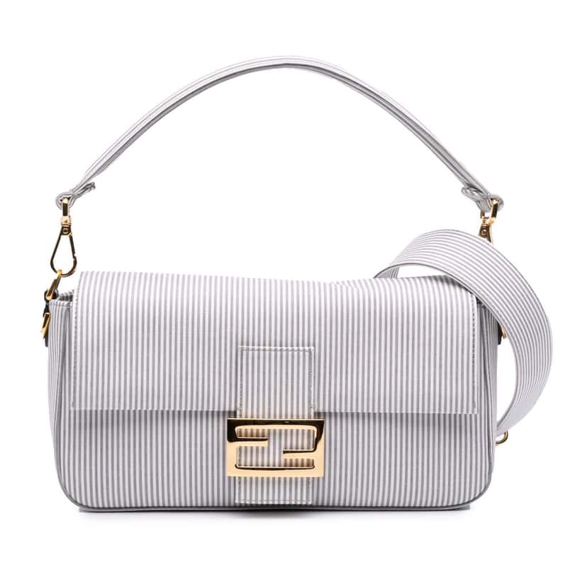 Fendi Medium Striped Canvas Baguette Satchel White Canvas Good condition - Front View