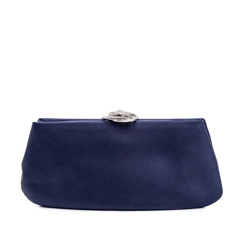 Chanel Satin Crystal Camellia Evening Frame Clutch Blue Satin Good condition - Front View