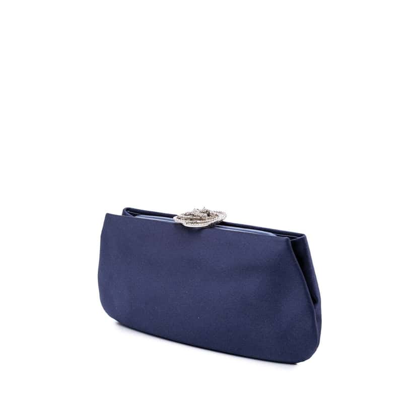 Chanel Satin Crystal Camellia Evening Frame Clutch Blue Satin Good condition - Back View