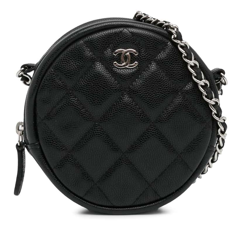Chanel CC Quilted Caviar Round Clutch With Chain Black Leather Good condition - Front View