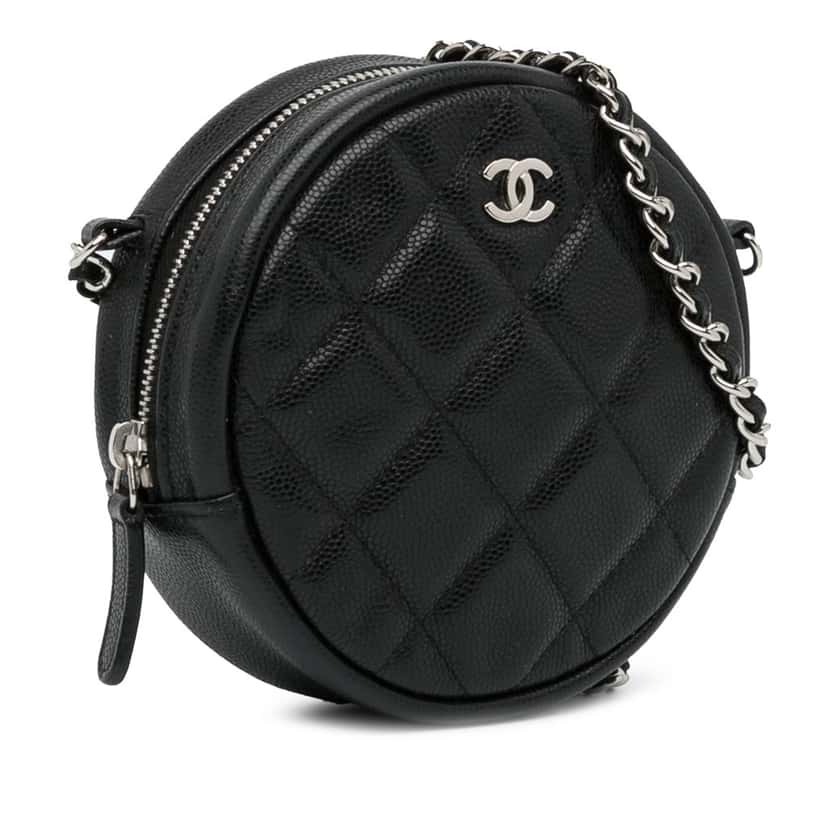 Chanel CC Quilted Caviar Round Clutch With Chain Black Leather Good condition - Back View
