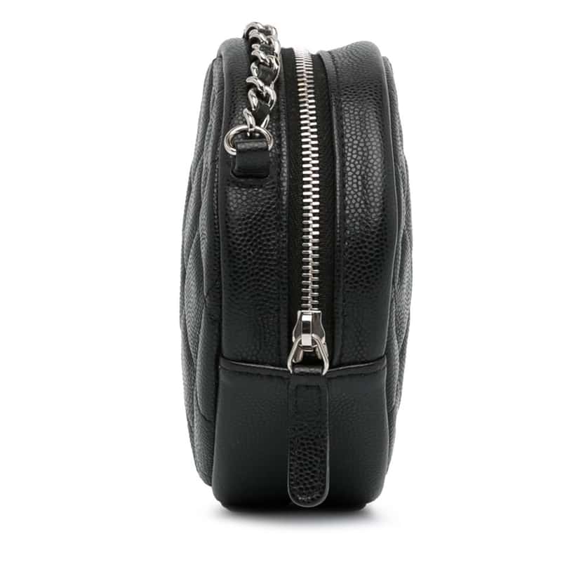 Chanel CC Quilted Caviar Round Clutch With Chain Black Leather Good condition - Inside View