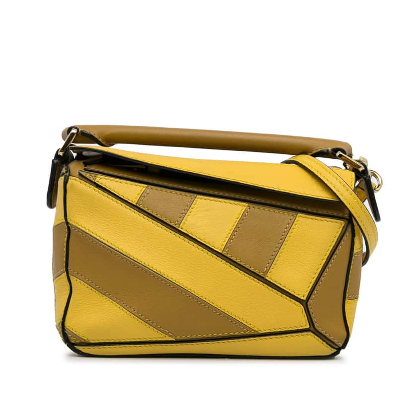 Loewe Mini Calfskin Puzzle Rugby Stripe Satchel Yellow Leather Good condition - Front View