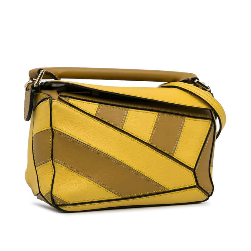 Loewe Mini Calfskin Puzzle Rugby Stripe Satchel Yellow Leather Good condition - Back View