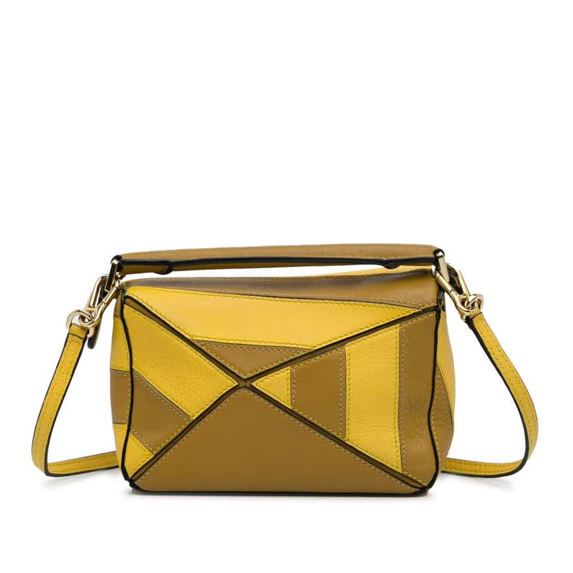 Loewe Mini Calfskin Puzzle Rugby Stripe Satchel Yellow Leather Good condition - Model View