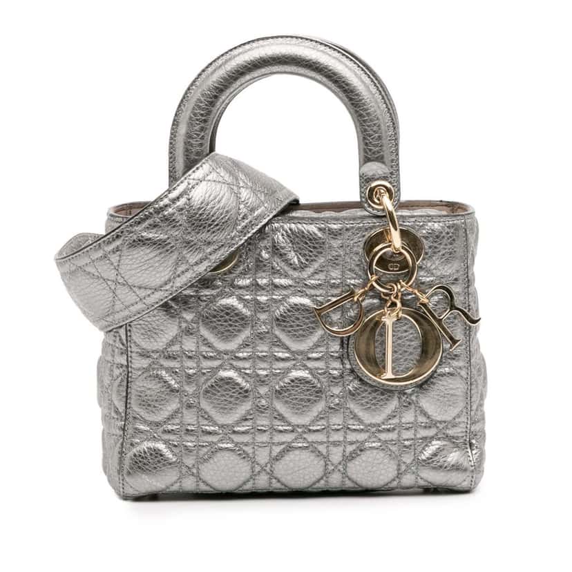 Dior Small Metallic Grained Calfskin Cannage Supple Lady Dior Silver Leather Good condition - Front View