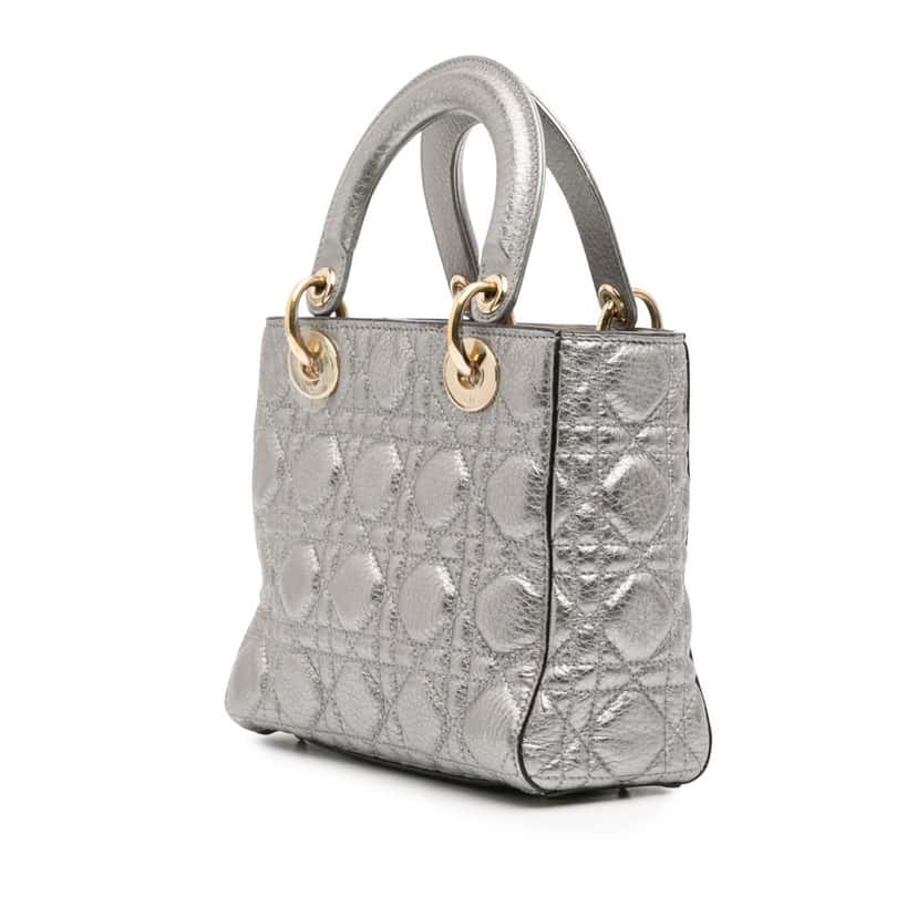Dior Small Metallic Grained Calfskin Cannage Supple Lady Dior Silver Leather Good condition - Back View