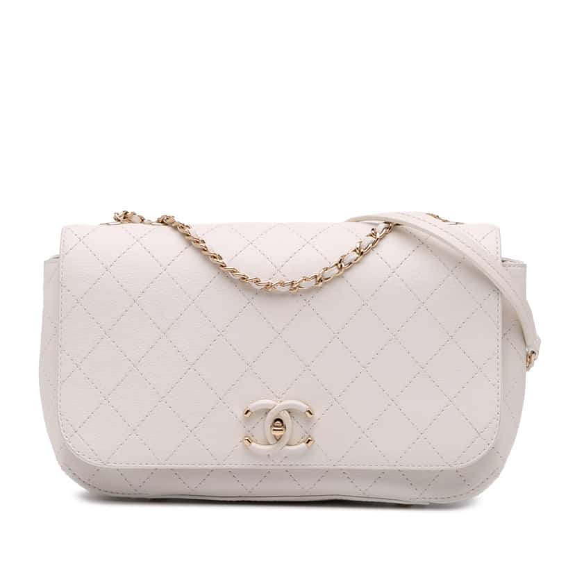 Chanel Medium Stitched Calfskin Covered CC Flap White Leather Good condition - Front View