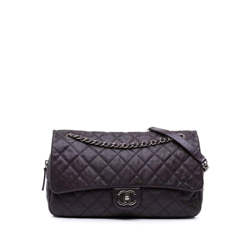 Chanel Jumbo Quilted Caviar Easy Flap Purple Leather Good condition - Front View