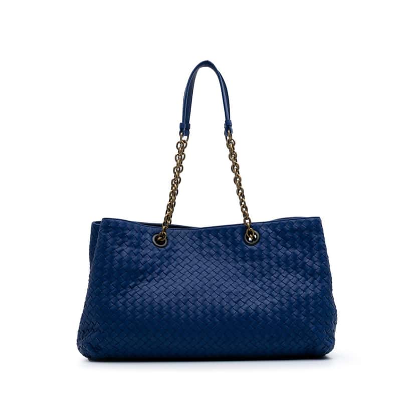 Bottega Veneta Medium Nappa Intrecciato Double Chain Tote Blue Leather Good condition - Front View