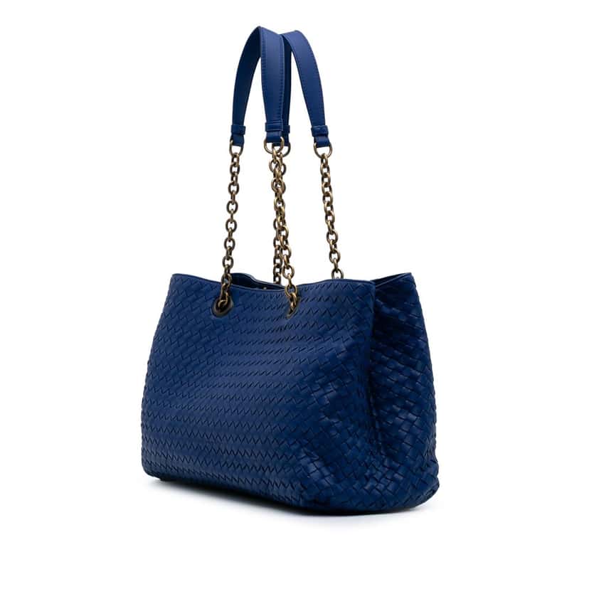 Bottega Veneta Medium Nappa Intrecciato Double Chain Tote Blue Leather Good condition - Back View