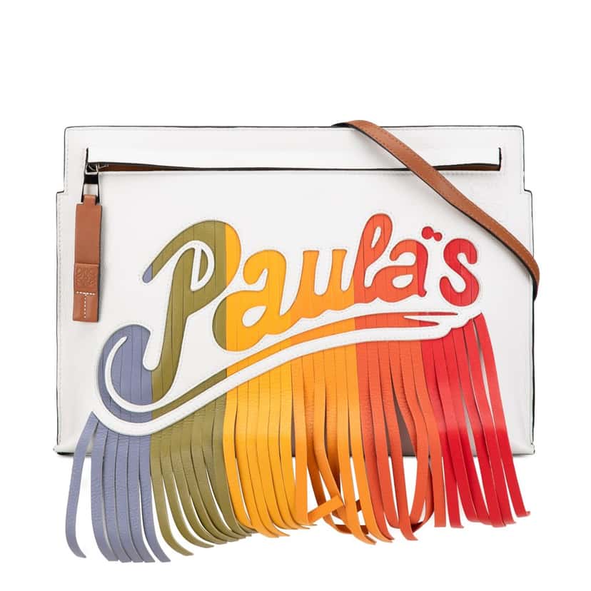 Loewe Paulas Ibiza Leather Fringe T Pouch Crossbody White Leather Good condition - Front View